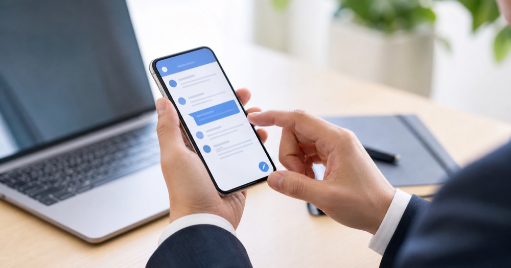 パソコンとスマートフォンを使って業務を効率化する様子